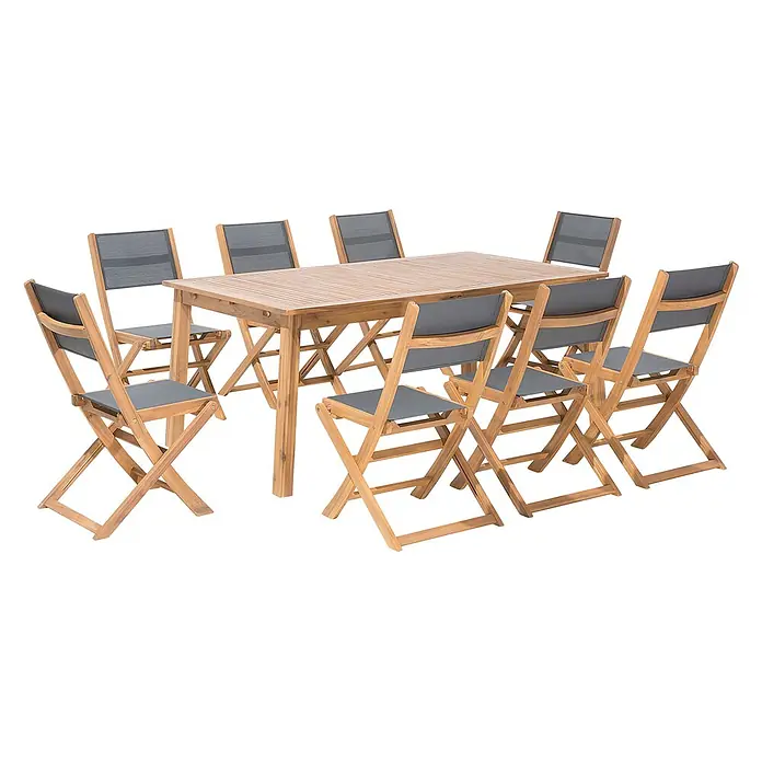 9-tlg Gartentisch Set CESANA in Braun/Grau -  - Gartentischgruppe aus Holz mit rechteckigem Tisch und acht Klappstühlen mit grauen Stoffbezügen.