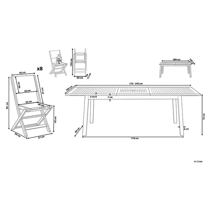 9-tlg Gartentisch Set CESANA in Braun/Grau -  - Gartenmöbel-Set aus Holz mit ausziehbarem Tisch und 8 Klappstühlen.