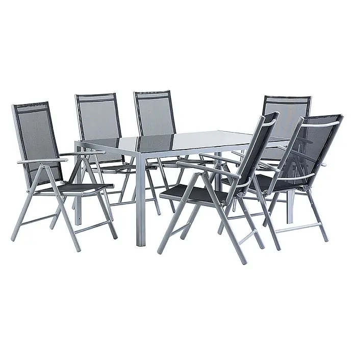 7-tlg Gartentisch Set CATANIA in Schwarz/Silber -  - Gartengarnitur aus silbernem Metall mit rechteckigem Tisch und sechs Stühlen mit schwarzem Netzgewebe.