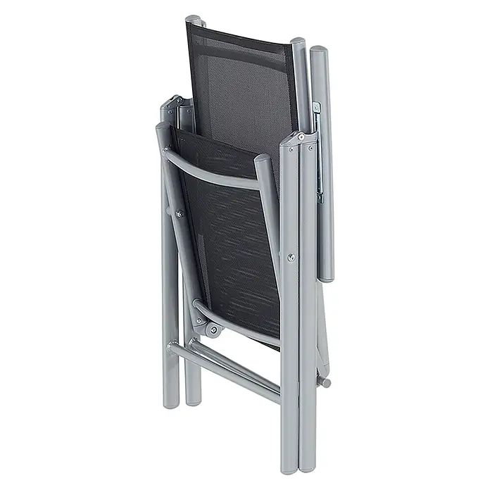 7-tlg Gartentisch Set CATANIA in Schwarz/Silber -  - Geklappter Gartensessel aus grauem Metall und schwarzem Netzstoff.