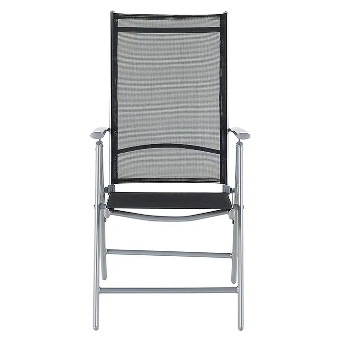 7-tlg Gartentisch Set CATANIA in Schwarz/Silber -  - Klappbarer Stuhl aus silbernem Metall mit schwarzem Netzstoff für Sitz und Rückenlehne.