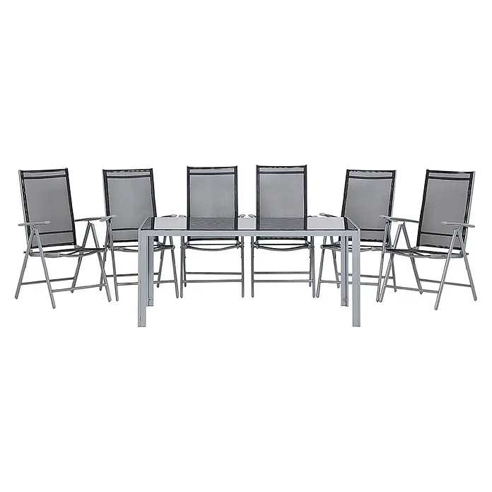 7-tlg Gartentisch Set CATANIA in Schwarz/Silber -  - Graues Outdoor-Esstischset mit Tisch und dunkler Glasplatte sowie sechs Stühlen mit grauer Netzstoff-Sitzfläche und silbernen Metallrahmen.