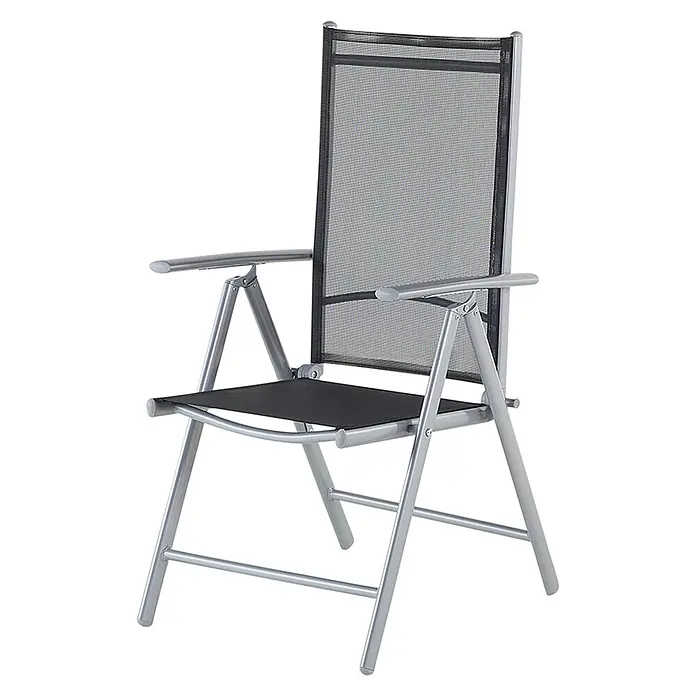 7-tlg Gartentisch Set CATANIA in Schwarz/Silber -  - Silberner Klappstuhl mit schwarzer Netzbespannung für Sitz und Rückenlehne.