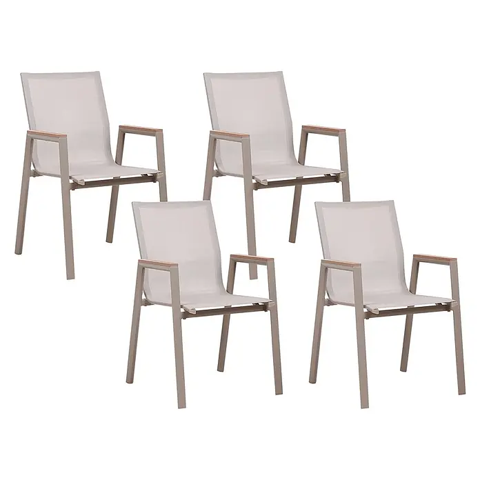 5-tlg Gartentisch Set TIANO in Braun/Grau -  - Vier stapelbare hellgraue Outdoor-Stühle mit Netzbespannung und Armlehnen aus Holz.