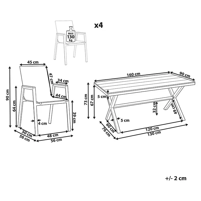 5-tlg Gartentisch Set TIANO in Braun/Schwarz -  - Esstisch und vier Stühle mit Maßen und 130 kg Tragfähigkeit der Stühle. Metall- und Holzdesign.