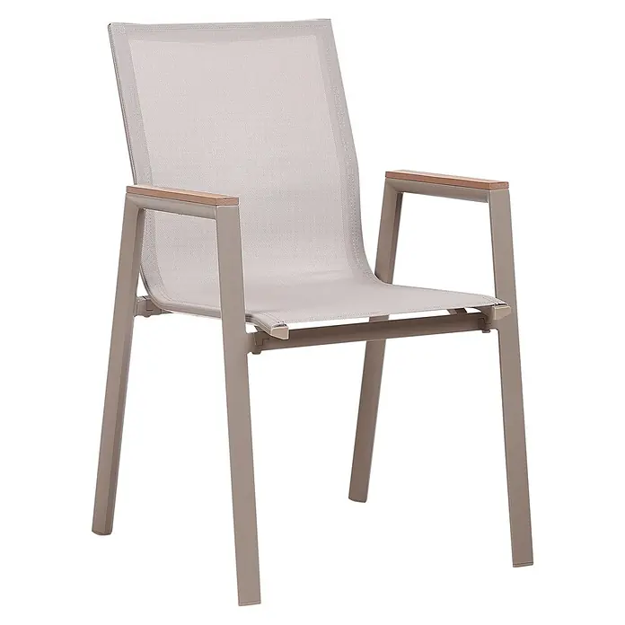 5-tlg Gartentisch Set TIANO in Braun/Grau -  - Moderner Outdoor-Stuhl mit taupefarbenem Metallrahmen, beiger Netzstoff-Sitzfläche und Rückenlehne, sowie Holzarmlehnen.