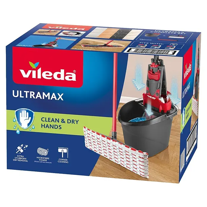 Vileda Ultramax Reinigungssystem & Eimer - Sonstiges - Vileda Ultramax Wischmopp- und Eimerset in Rot und Schwarz mit flachem Wischkopf. Die Verpackung hebt Merkmale für saubere Hände und effektive Reinigung hervor.