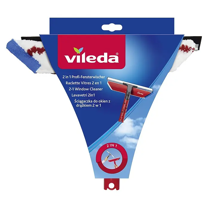 Vileda Fenster-Wischer Profi - Polypropylen, Mikrofaser - Vileda 2-in-1 Fensterwischer (Einwascher und Abzieher) in blauer und roter Verpackung, zeigt das rote und silberne Werkzeug sowie seine „2 IN 1“-Funktion.