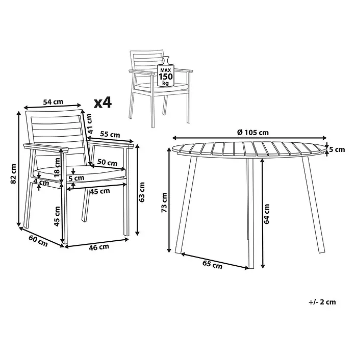9-tlg Gartentisch Set CAVOLI in Weiß/Beige/Braun -  - Maße eines runden Gartentisches und vier Stühle, mit detaillierten Höhen-, Breiten- und Tiefenangaben sowie einer 150 kg Stuhlgewichtsgrenze.
