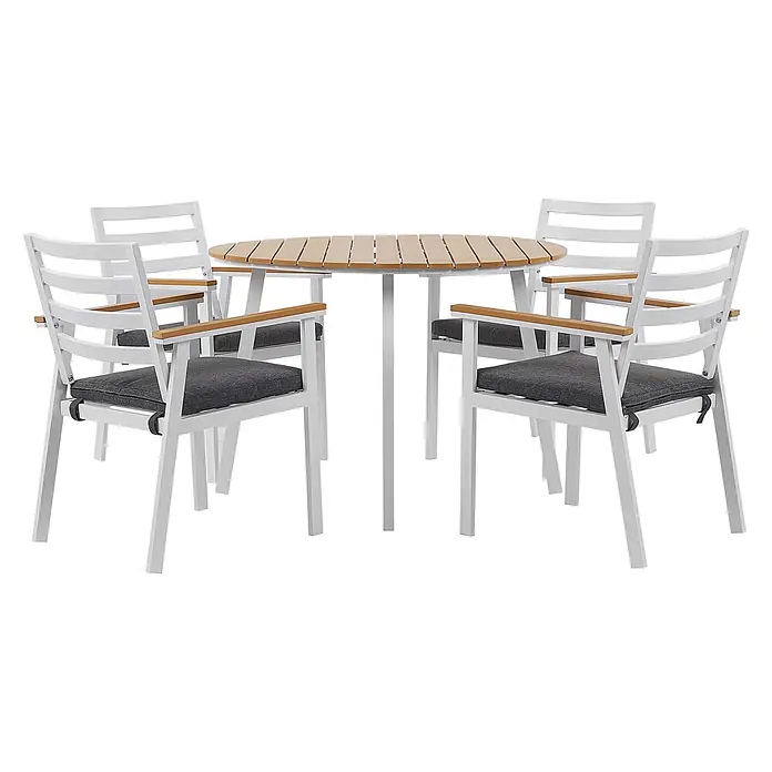 9-tlg Gartentisch Set CAVOLI in Weiß/Grau/Braun -  - Gartenset aus weißem Metall und Holz mit rundem Lamellentisch und vier Stühlen mit dunkelgrauen Kissen.