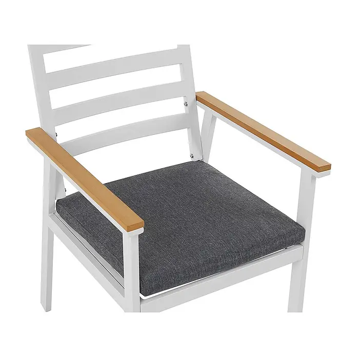 9-tlg Gartentisch Set CAVOLI in Weiß/Grau/Braun -  - Weißer Metall-Sessel mit Holzarmlehnen und dunkelgrauem Stoffkissen.