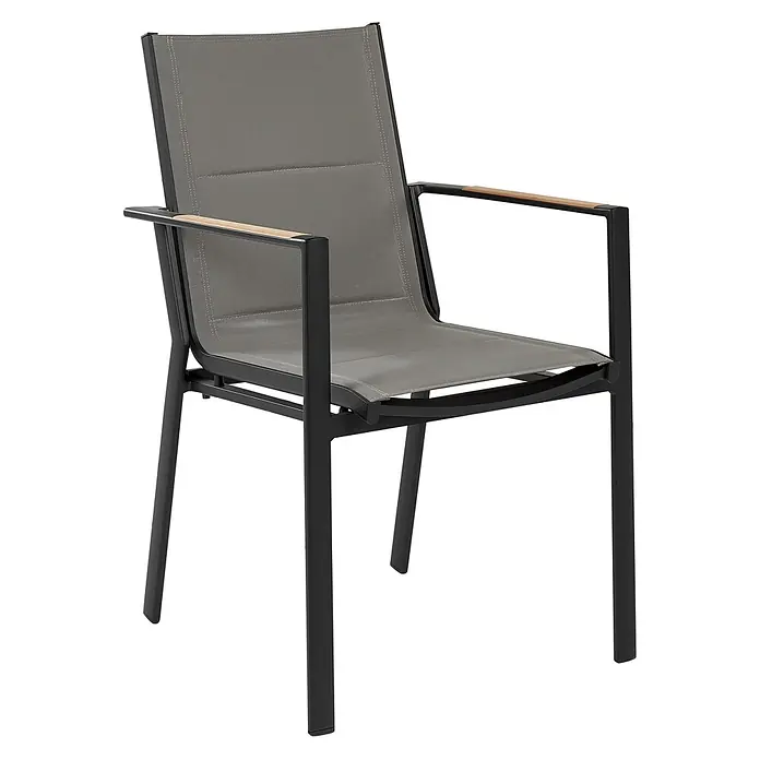 5-tlg Gartentisch Set OLMETTO/BUSSETO in Schwarz/Grau/Braun -  - Outdoor-Sessel mit schwarzem Metallrahmen, grauem Netzstoff und Armlehnen aus Naturholz.
