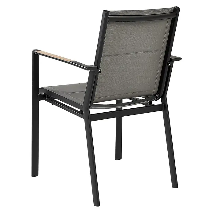 5-tlg Gartentisch Set OLMETTO/BUSSETO in Schwarz/Grau/Braun -  - Outdoorstuhl mit schwarzem Metallrahmen, grauem Textilsitz und -lehne, sowie Holzarmlehnendetail.