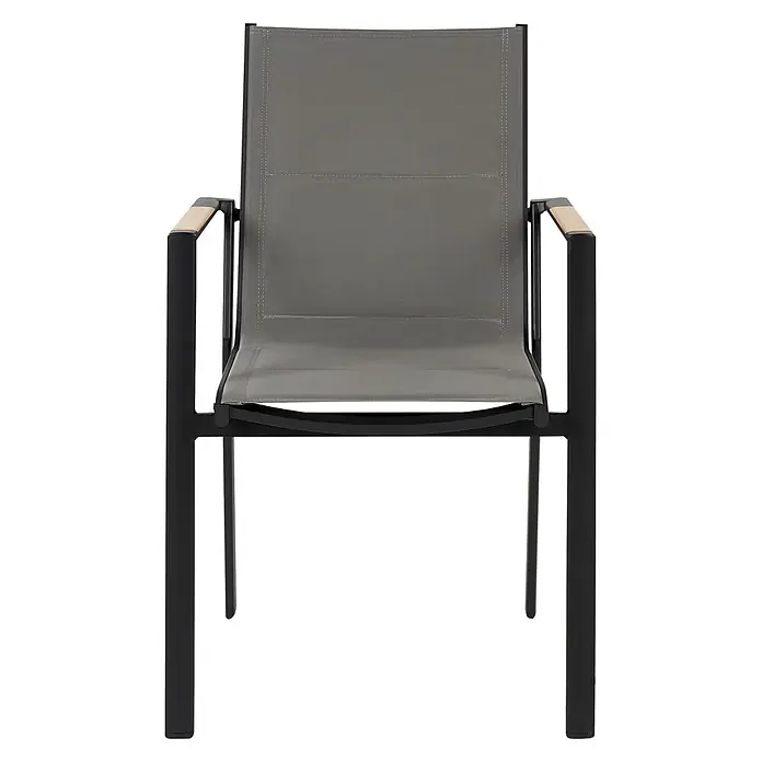 5-tlg Gartentisch Set OLMETTO/BUSSETO in Schwarz/Grau/Braun -  - Moderner Outdoor-Stuhl mit grauem gespanntem Stoffbezug, schwarzem Metallrahmen und hellen Holzarmlehnen.