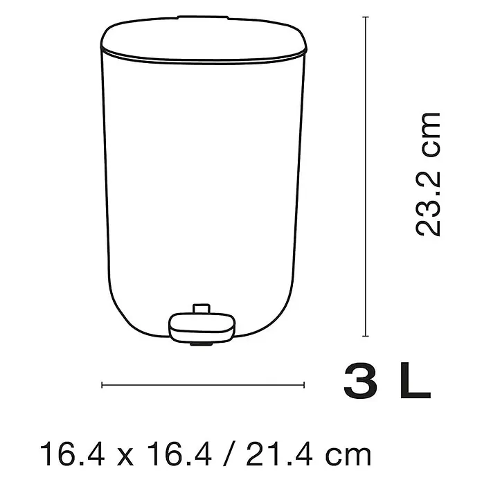 Cubo con pedal Akato - 3 l, Plástico, Blanco - Dibujo lineal de un cubo de basura de 3L con dimensiones: 23,2 cm de altura y 16,4 x 16,4 / 21,4 cm de base/ancho.