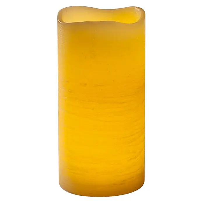 Flower Power LED-Kerze MEDIA - Höhe: 20 cm, Durchmesser: 10 cm, Echtwachs - Gelbe, zylindrische LED-Kerze mit wellenförmiger Oberseite, die ein warmes, flackerndes Licht erzeugt und eine gemütliche Atmosphäre schafft.