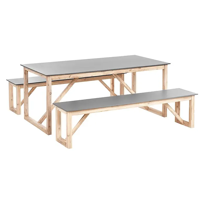 3-tlg Gartentisch Set NOTTERI in Grau/Braun -  - Esstisch aus Holz mit grauer Platte und zwei passenden Holzbänken mit grauen Platten.