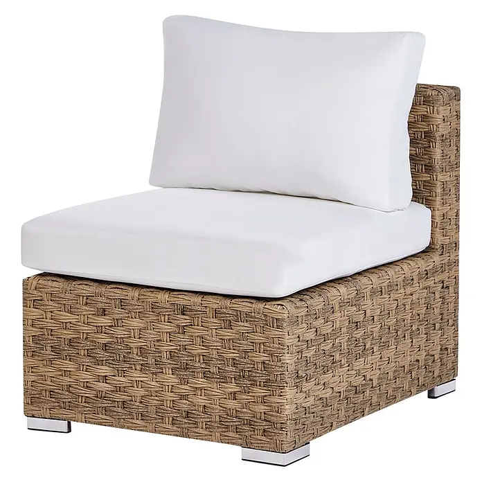 8-tlg Lounge Set XXL in Braun/Weiß rechtsseitig -  - Armloser Outdoor-Loungesessel mit braunem Korbsockel, weißem Sitzkissen und weißem Rückenkissen auf Metallfüßen.