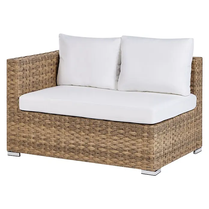 8-tlg Lounge Set XXL in Braun/Weiß rechtsseitig -  - Eck-Gartensofa-Element mit braunem Rattan-Geflecht und weißen Polstern.