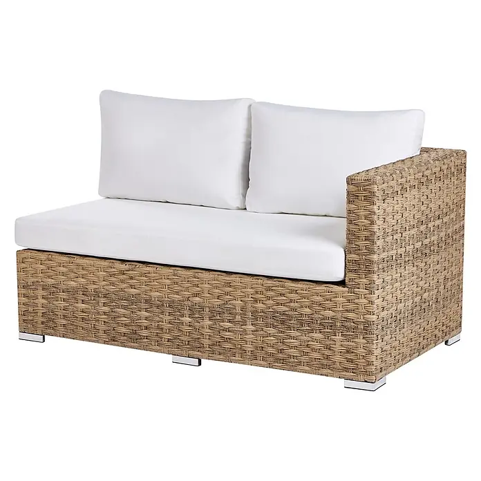 8-tlg Lounge Set XXL in Braun/Weiß rechtsseitig -  - Brauner Rattan-Rechtsarm-Outdoor-Sessel mit weißen Polstern und modernen Chromfüßen.