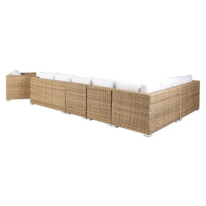 8-tlg Lounge Set XXL in Braun/Weiß rechtsseitig -  - Modulares Outdoor-Ecksofa aus hellbraunem Rattan mit weißen Kissen und Metallfüßen.