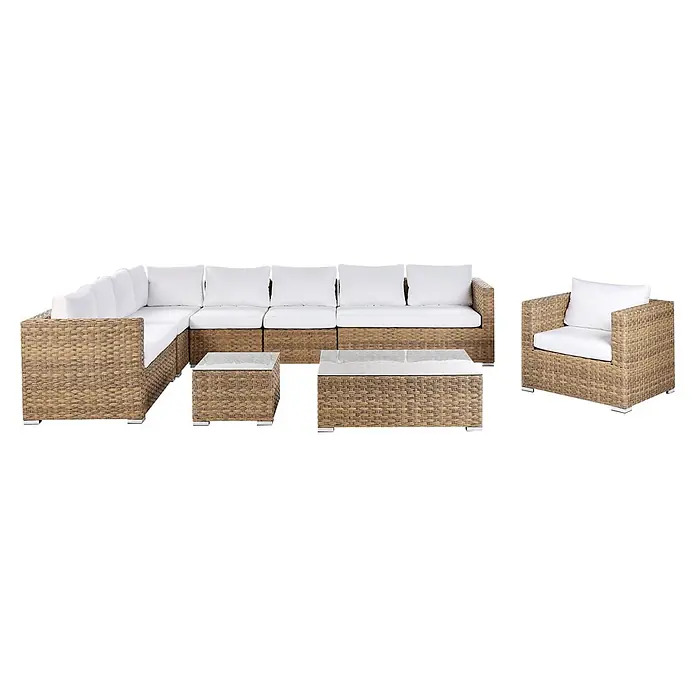 8-tlg Lounge Set XXL in Braun/Weiß rechtsseitig -  - Modulares braunes Rattan-Gartenmöbelset mit weißen Kissen, bestehend aus Ecksofa, zwei Tischen und Sessel.