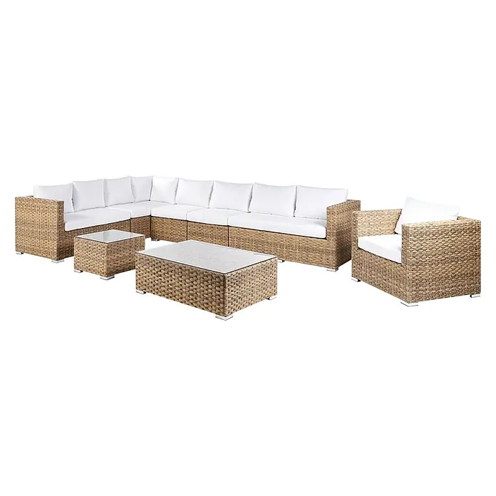8-tlg Lounge Set XXL in Braun/Weiß rechtsseitig -  - Geflochtene Rattan-Gartenmöbelgarnitur mit weißen Kissen und Glastischplatten für den Außenbereich.