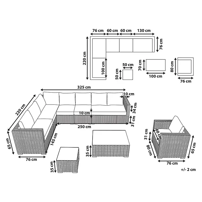 8-tlg Lounge Set XXL in Braun/Weiß rechtsseitig -  - Bemaßte Zeichnung einer modularen Rattan-Outdoor-Lounge-Garnitur mit Sofa, Tisch und Sessel, inklusive Maßen.