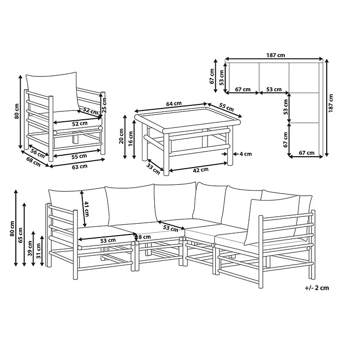 22-tlg Lounge Set CERRETO in Braun/Beige/Grau -  - Strichzeichnung eines Gartenmöbel-Sets (Sessel, Couchtisch, L-Sofa) mit detaillierten Maßen.