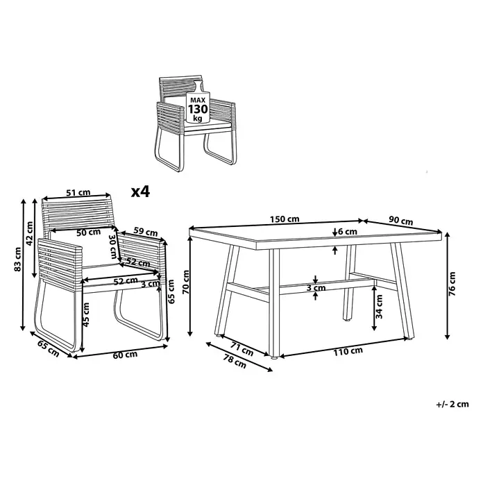 13-tlg Gartentisch Set CANETTO in Schwarz/Braun -  - Maße eines rechteckigen Gartentisches und vier passender Stühle. Max. Gewicht 130 kg pro Stuhl.