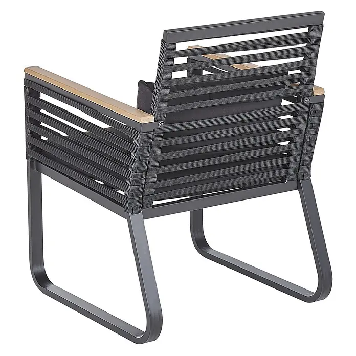 13-tlg Gartentisch Set CANETTO in Schwarz/Braun -  - Outdoor-Loungesessel mit dunklem Metallgestell, dunklem Flechtseil und Holzarmlehnen, von hinten gesehen.