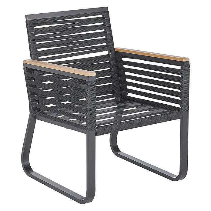 13-tlg Gartentisch Set CANETTO in Schwarz/Braun -  - Dunkelgrauer Loungesessel aus Metall und schwarzem Seilgeflecht mit hellen Holzarmlehnen.