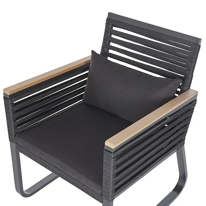 13-tlg Gartentisch Set CANETTO in Schwarz/Braun -  - Schwarzer Sessel mit geflochtenen Seildetails, dunkelgrauem Metallrahmen und hellen Holzarmlehnen. Mit schwarzen Sitz- und Rückenkissen.