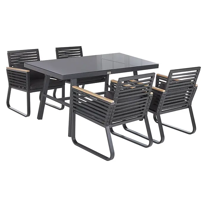 13-tlg Gartentisch Set CANETTO in Schwarz/Braun -  - Dunkelgraues Terrassen-Essgruppe mit rechteckigem Glastisch und vier Stühlen mit geflochtenen Sitzen und Holzarmlehnen.