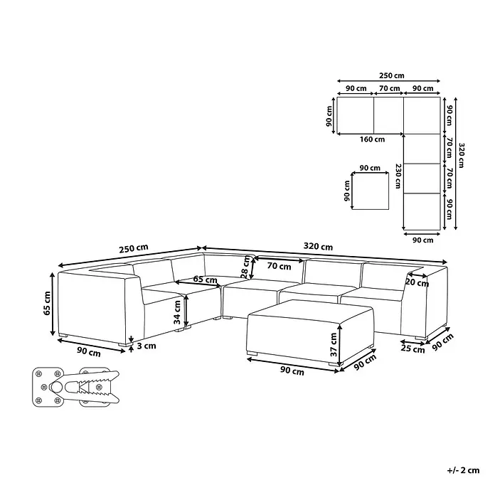7-tlg Lounge Set AREZZO in Grau/Schwarz rechtsseitig -  - Modulares Ecksofa-Set mit Ottoman, detailliert bemaßt und mit einem Grundrissplan dargestellt.