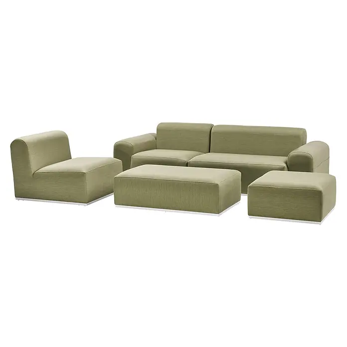 5-tlg Lounge Set BATTIFOLLO in Grün/Weiß -  - Modulare hellgrüne Stoff-Sitzgruppe mit abgerundeten Kanten: Sofa, Sessel und zwei Hocker auf schlanken Metallfüßen.