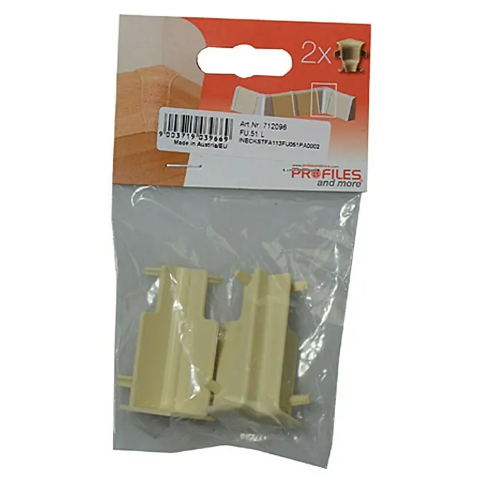 Profiles and more Innenecke FU51L/KU51L - Elfenbein, 2 Stk. - Eine Packung mit zwei hellbeigen Profilverbindungsstücken (Art. Nr. 712096) von "Profiles and more", hergestellt in Österreich.
