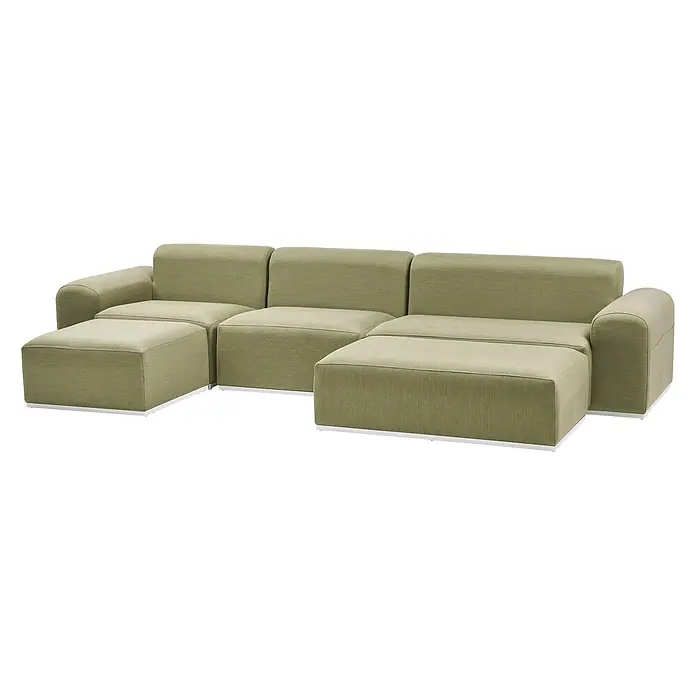 5-tlg Lounge Set BATTIFOLLO in Grün/Weiß -  - Modulares grünes Stoffsofa mit Armlehnen und zwei Ottomanen, L-förmig angeordnet.