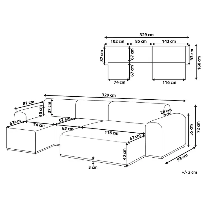 5-tlg Lounge Set BATTIFOLLO in Grün/Weiß -  - Detaillierte Strichzeichnung eines Ecksofas mit Chaiselongue, das seine Maße aus Perspektiv- und Draufsicht zeigt.