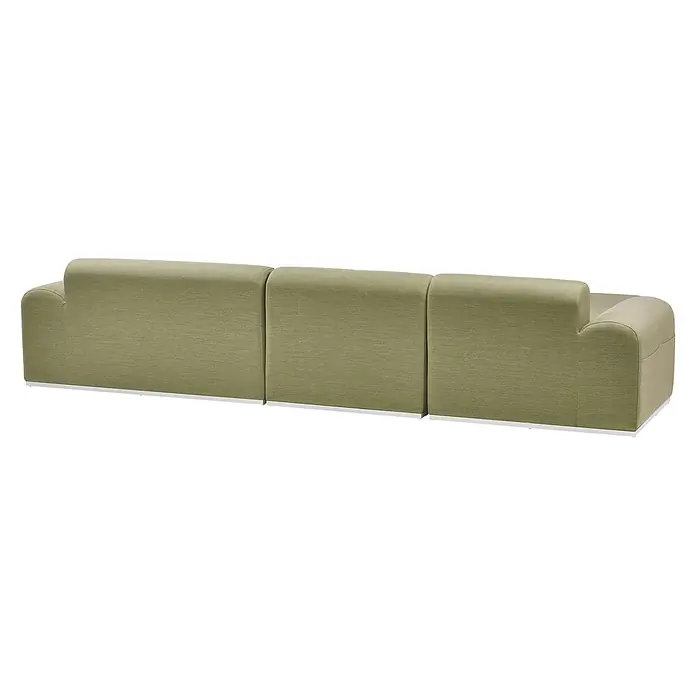 5-tlg Lounge Set BATTIFOLLO in Grün/Weiß -  - Rückansicht eines modularen Sofas, bezogen mit texturiertem hellgrünem Stoff, mit dünnem silbernem Sockel.