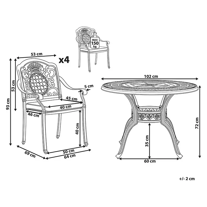 9-tlg Gartentisch Set SALENTO in Braun/Beige -  - Detaillierte Strichzeichnung eines runden Gartentisches und vier verzierter Stühle mit Maßen und einer max. Traglast von 150 kg pro Stuhl.