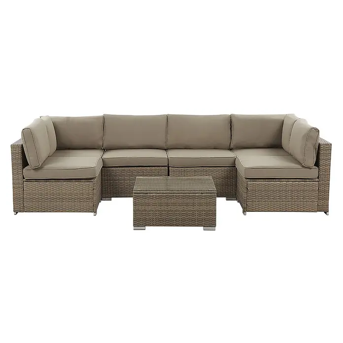 21-tlg Lounge Set BELVEDERE in Braun -  - Braunes Rattan-Gartensofa mit hellbeigen Kissen und passendem quadratischem Couchtisch mit Glasplatte.