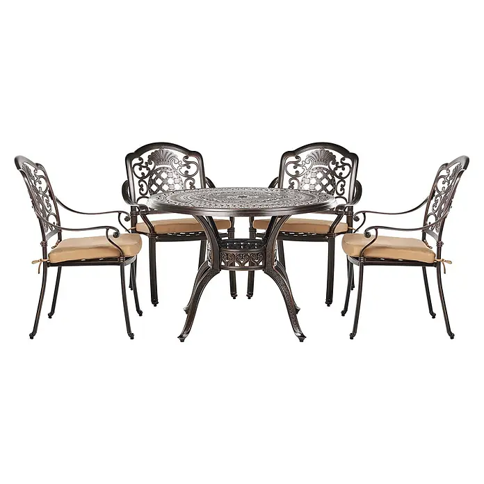 9-tlg Gartentisch Set SALENTO in Braun/Beige -  - Runder Esstisch aus bronzefarbenem Aluminiumguss mit vier Stühlen und beigefarbenen Kissen.