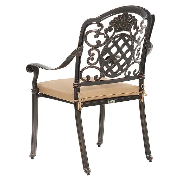 9-tlg Gartentisch Set SALENTO in Braun/Beige -  - Gartenstuhl aus bronzefarbenem Metall mit verzierter Rückenlehne und Armlehnen, inklusive beige gebundenem Kissen.