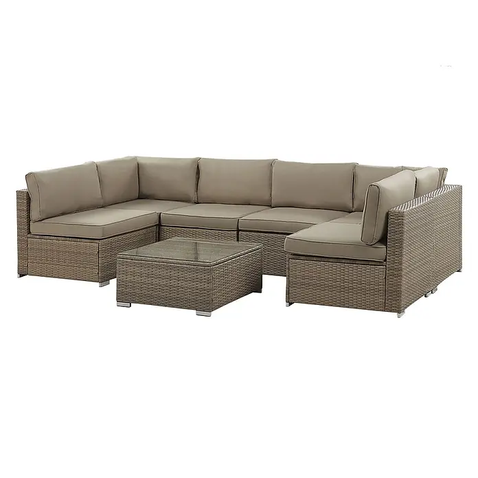 21-tlg Lounge Set BELVEDERE in Braun -  - Braunes Rattan-Ecksofa (6-teilig) mit helltaupefarbenen Kissen und Glas-Couchtisch für den Außenbereich.