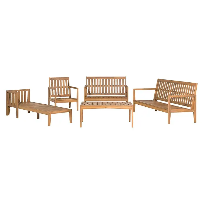27-tlg Lounge Set PATAJA in Braun/Grau/Beige -  - Gartenset aus Naturholz mit einem Sessel, einer Chaiselongue, zwei Bänken und einem Tisch.
