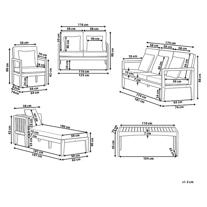 27-tlg Lounge Set PATAJA in Braun/Grau/Beige -  - Detaillierte Maßzeichnung einer Gartenlounge-Gruppe mit Sessel, Sofas, Chaiselongue und Couchtisch.