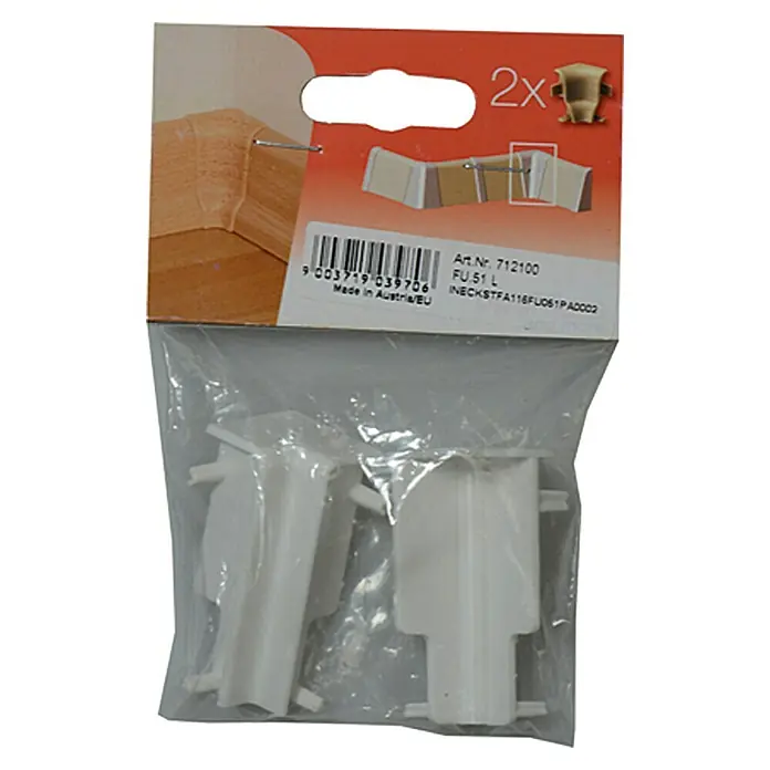 Profiles and more Innenecke FU51L/KU51L - Weiß, 2 Stk. - Verpackung mit zwei weißen Eckverbindern für Fußleisten, hergestellt in Österreich/EU, ideal für saubere Übergänge.