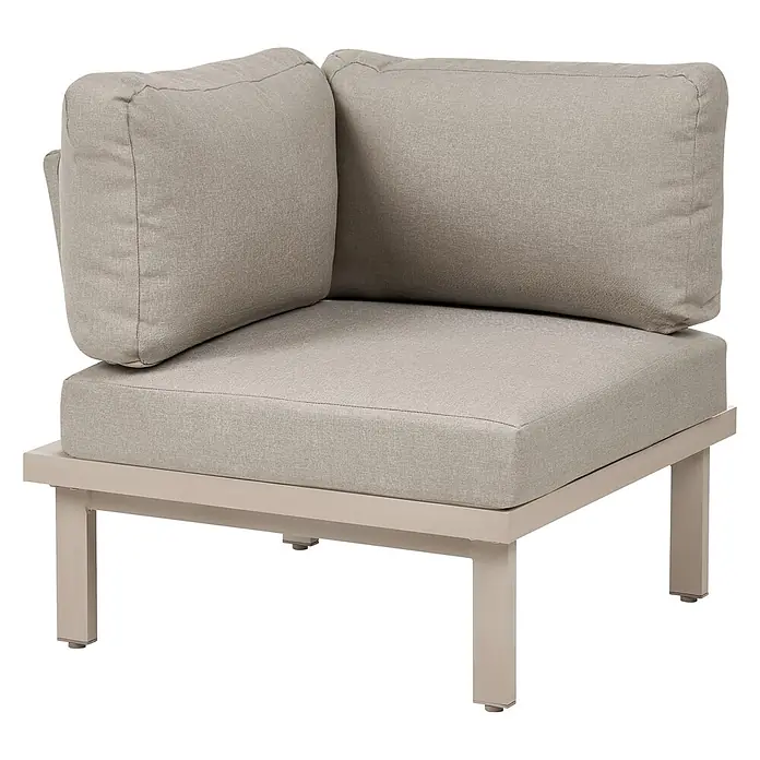 11-tlg Lounge Set FIVIZZANO in Beige/Braun -  - Outdoor-Ecksessel mit hellgrauen Stoffpolstern und einem hellbraunen Metallrahmen.