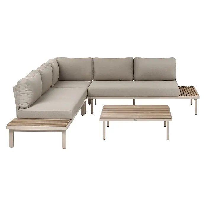 11-tlg Lounge Set FIVIZZANO in Beige/Braun -  - Beiges L-förmiges Outdoor-Lounge-Set mit Holzlattenakzenten und passendem Couchtisch, auf hellem Metallrahmen.